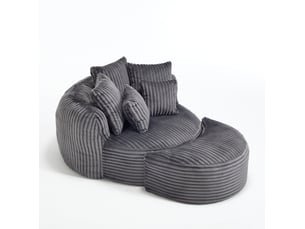 Fauteuil avec pouf rond sans pieds, dossier et accoudoirs avec 5 coussins, pour salon en chenille gris foncé