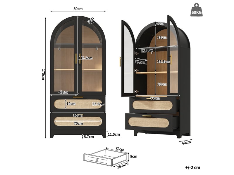  Bibliothèque noir en mdf, hauteur 175cm, portes vitrées, structure robuste sûre pour maisons avec enfants  - Conforama C