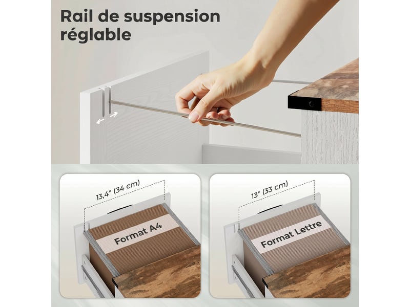  Caisson de bureau avec 2 tiroirs, dossiers suspendus pour formats lettrea4, style rustique, 40x40x71cm, blanc  - Conforama R