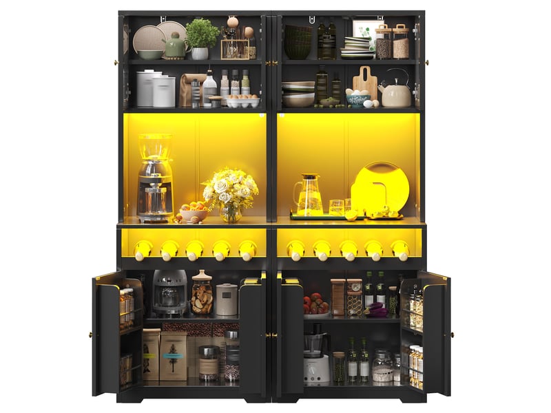  Buffet haut 70 x 38,3 x 180 cm avec led rgb, portes vitrées cintrées, casier à vin et étagères réglables, noir  - Conforama A