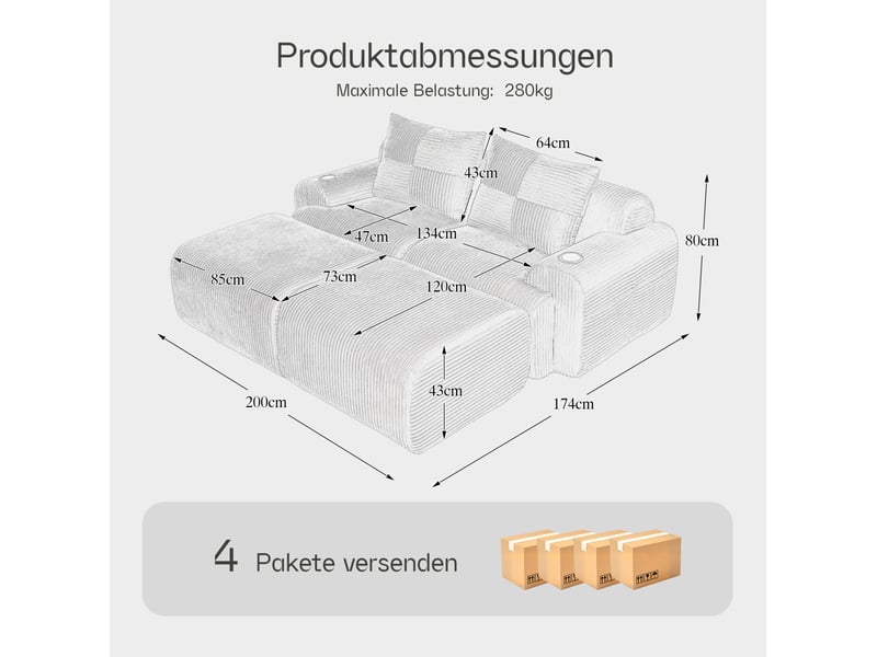 Canapé d'angle modulable 2 places en velours côtelé noir avec 2 poufs, porte-gobelets et poche latérale - Conforama C