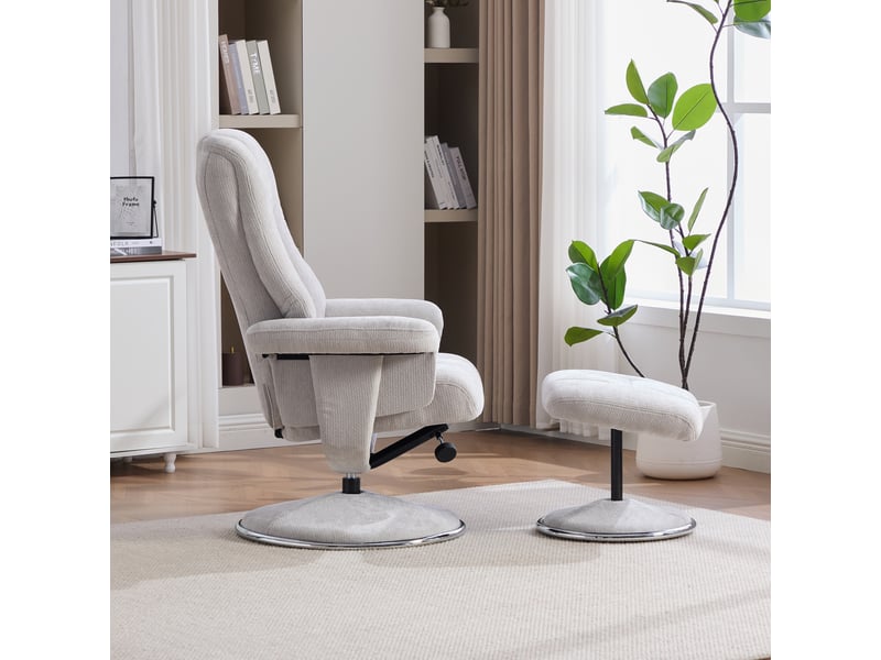  Fauteuil relax pivotant en tissu chenille gris clair, dossier 145°, repose-pieds, base métal, pour lecture et télévision  - Conforama D