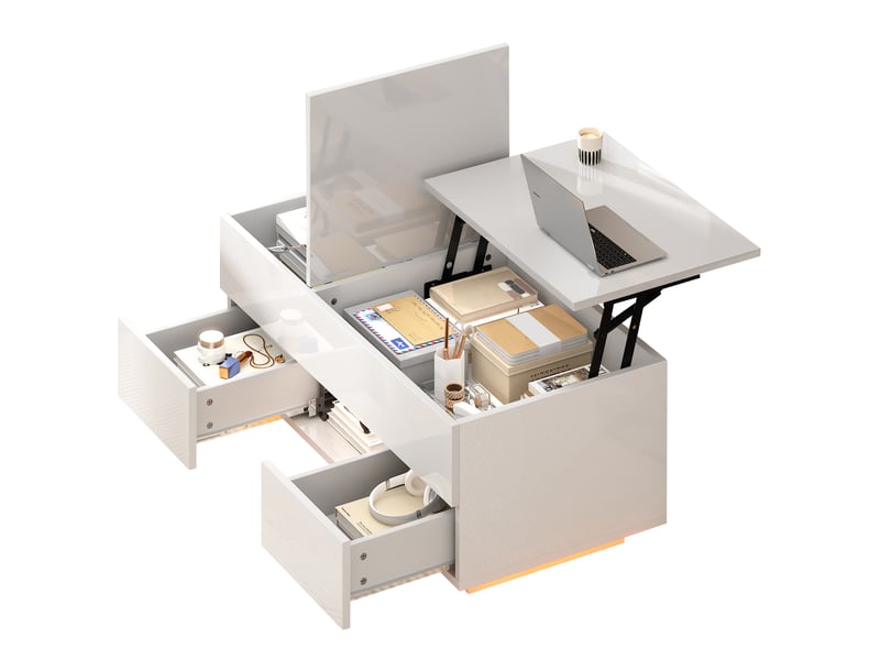 Table basse relevable avec éclairage led 100x45x43cm - table de salon blanche haute brillance rangement caché - Conforama A