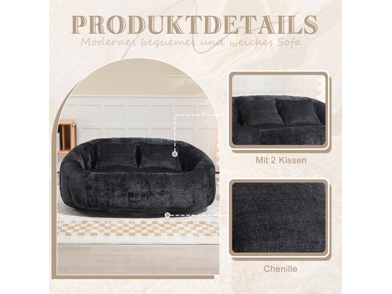  Canapé droit 2 places 144,93x95x62,99 cm, fauteuil poire confort, meuble de salon, chambre et bureau, chenille, noir  - Conforama D