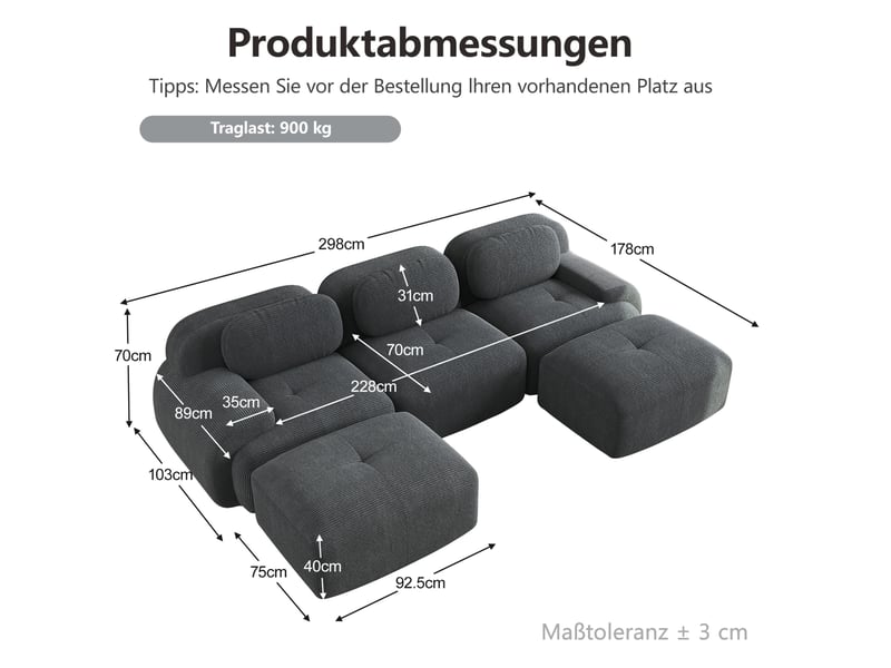 Canapé d'angle modulable en u modenvie 3 places 298 x 178 x 70 cm velours côtelé gris  - Conforama C