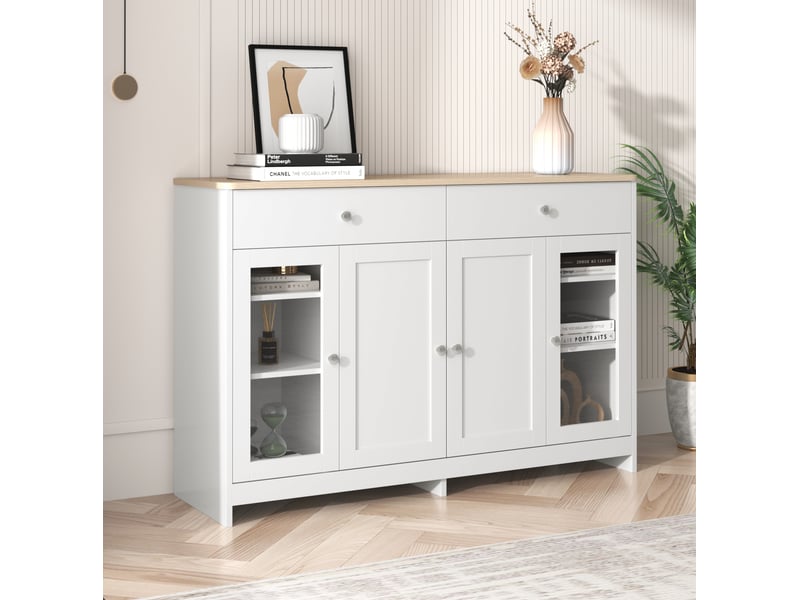  Buffet 120x37x80 cm, avec 2 tiroirs et 4 portes, tablettes réglables, pour salon, salle à manger, effet bois, mdf blanc  - Conforama B