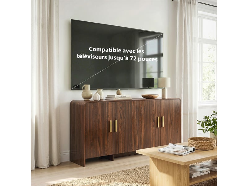  Buffet cuisine, meuble de rangement avec 4 portes à fermeture douce, 4 compartiments et bords arrondis, noyer, 152x40x80cm  - Conforama R