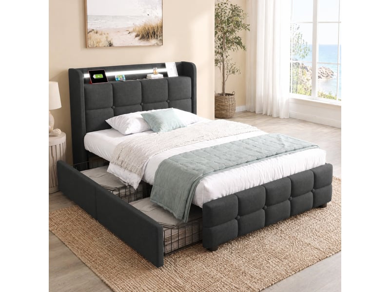  Modenvie lit simple 90x200 cm - led, prises et usb, 2 tiroirs, avec matelas - gris  - Conforama B