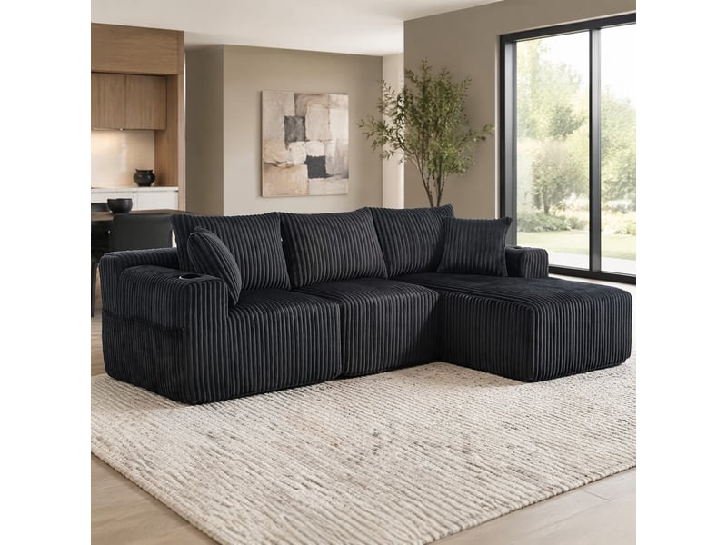  Canapé 3 places ulevr modulable avec méridienne et poches de rangement, 257 x 160 cm, velours côtelé gris  - Conforama B