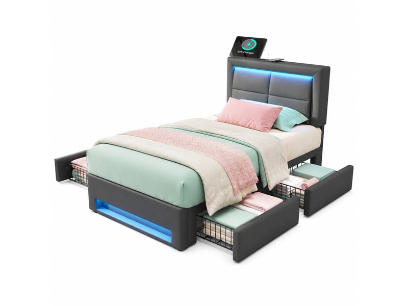  Lit enfant 90x200cm, lumières avec éclairage led, style moderne, 4 tiroirs, ports usb de chargement, pu, gris sans matelas  - Conforama A