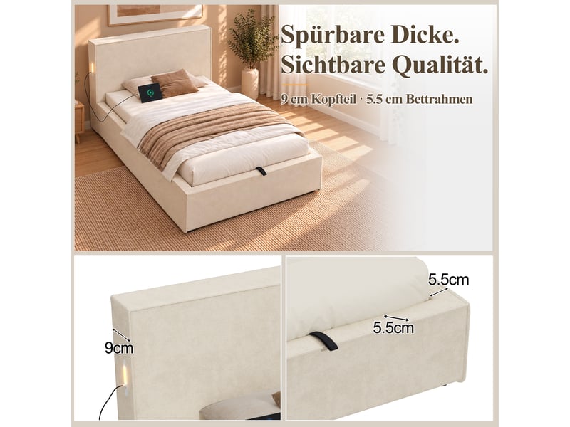  Lit coffre enfant 90x200cm avec rangement hydraulique, sommier à lattes et tête de lit rembourrée, chenille, beige evarich - Conforama C