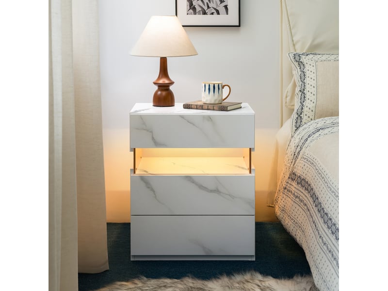  Table de chevet led 3 tiroirs en bois d’ingénierie blanc mat 50 x 37 x 60 cm  - Conforama C