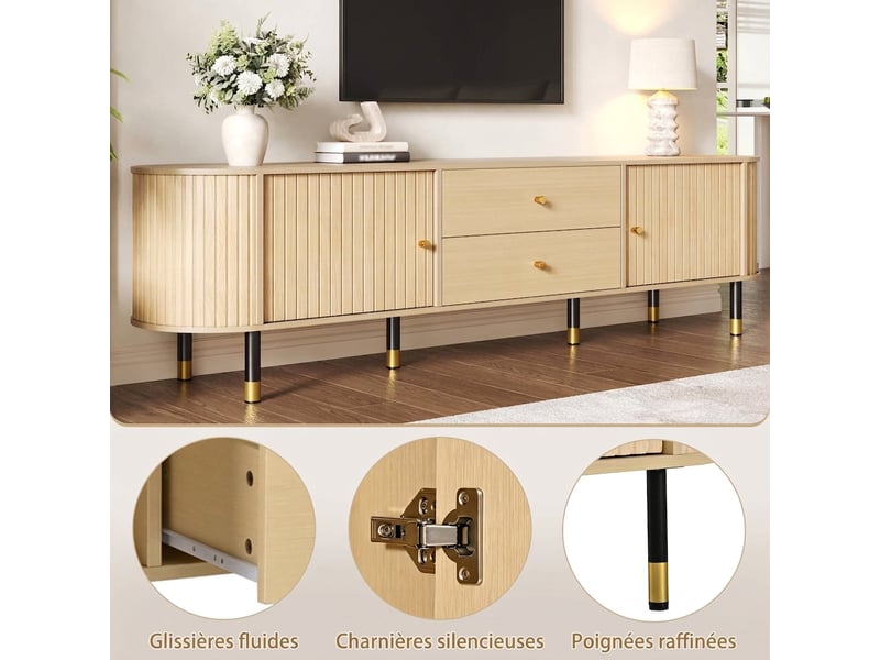  Meuble tv 180 cm bois clair pour 75 pouces - 2 tiroirs portes coulissantes passe-câble  - Conforama E
