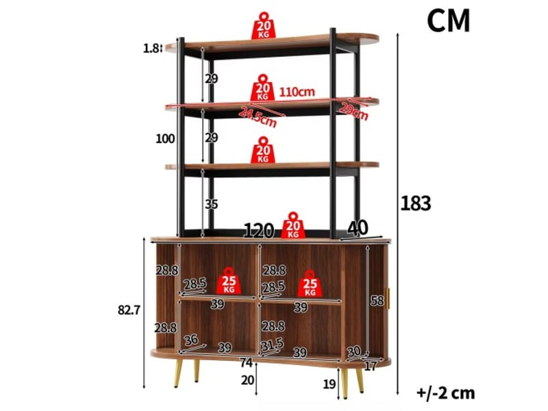 Buffet 4 niveaux avec portes coulissantes - armoire moderne à rainures verticales, pieds dorés, rangement brun foncé - Conforama C
