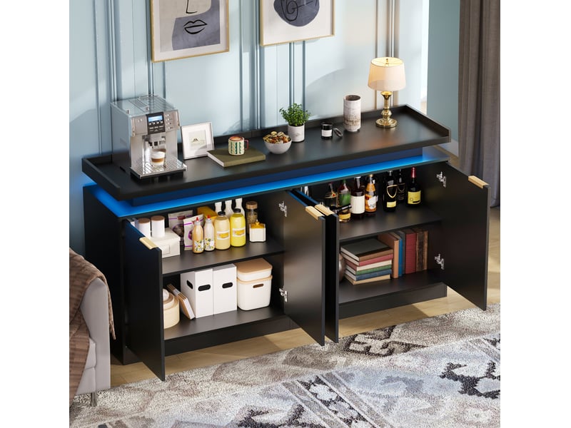 Buffet bas 4 portes avec éclairage led rgb, mdf noir, 160 x 39 x 83 cm - Conforama B