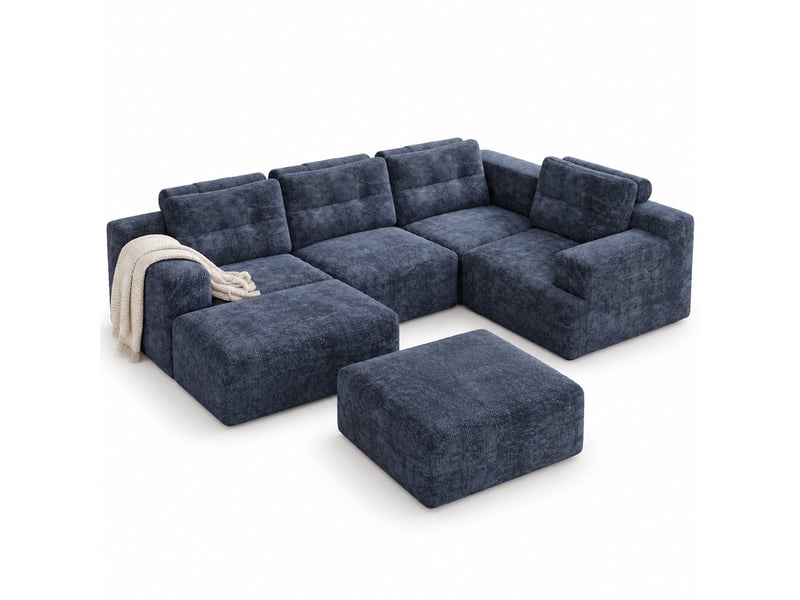 Canapé modulable panoramique 5 places en chenille, assise profonde, configuration l ou u, sans montage, 252 × 180 cm, bleu - Conforama A