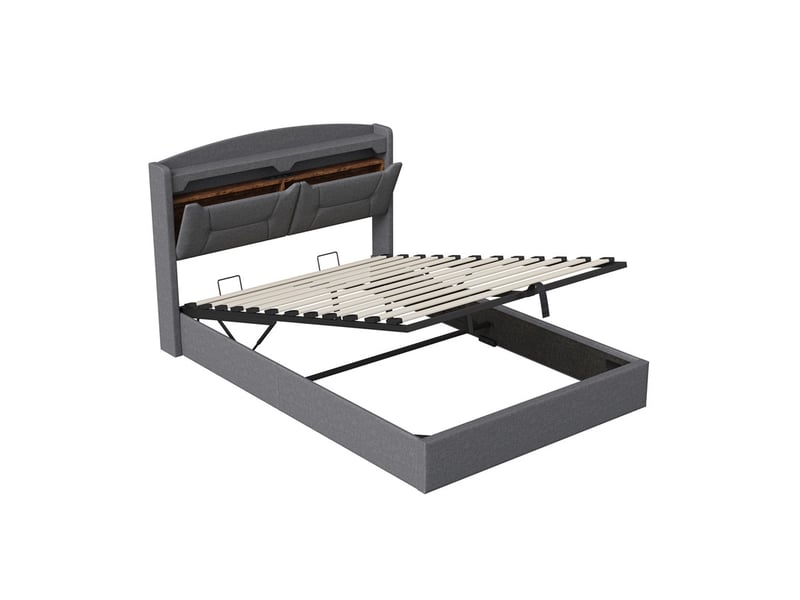  Lit 140x190cm - lit coffre 140x190cm - tête de lit de rangement led et sommier relevable - lin gris clair  - Conforama A