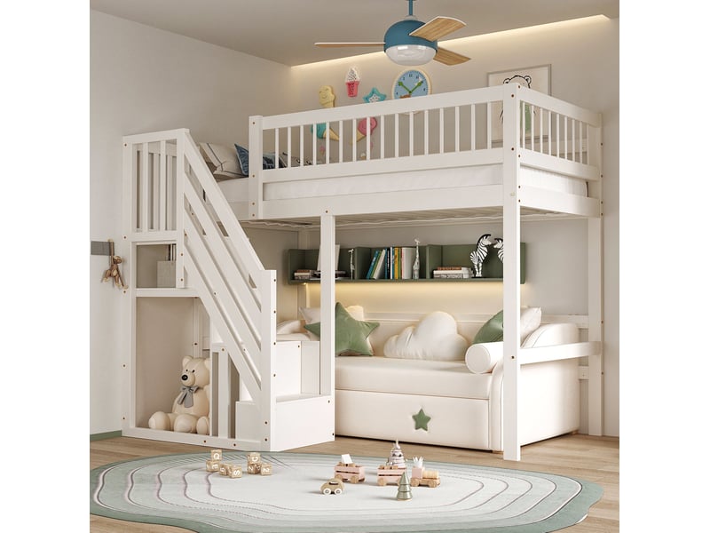  Lit superposé enfant 90x200 cm, avec compartiment de rangement, garde-corps, un seul sommier, pin blanc, sans matelas  - Conforama E