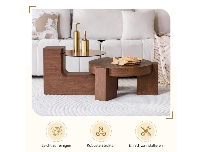  Table basse table de salon adaptée à différentes configurations plateau en verre marron transparent supports en mdf aspect noyer design démontable  - Conforama E