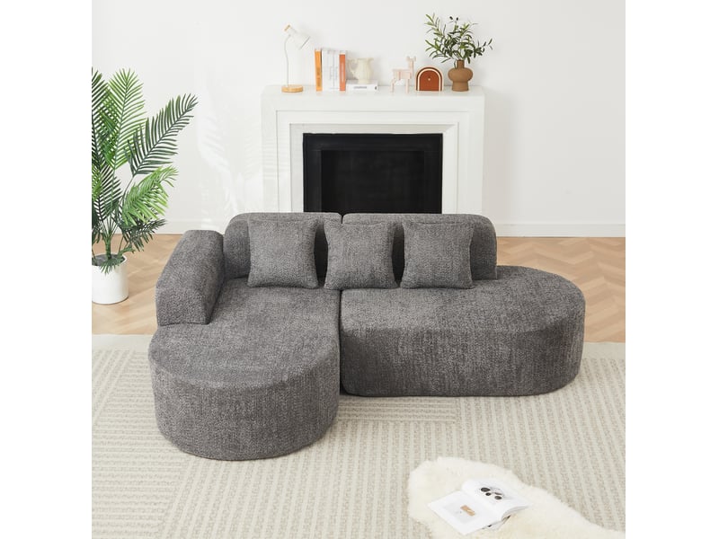  Canapé d'angle gauche 222x157 cm anthracite en chenille, 3 places avec 3 coussins de dossier, design arrondi  - Conforama B
