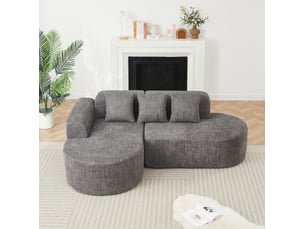 Canapé d'angle gauche 222x157 cm anthracite en chenille, 3 places avec 3 coussins de dossier, design arrondi