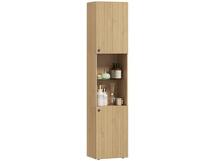 Meuble de salle de bain étroit avec 6 étagères, 2 portes, compartiments ouverts, étagère en verre de sécurité, étagères réglables, chêne