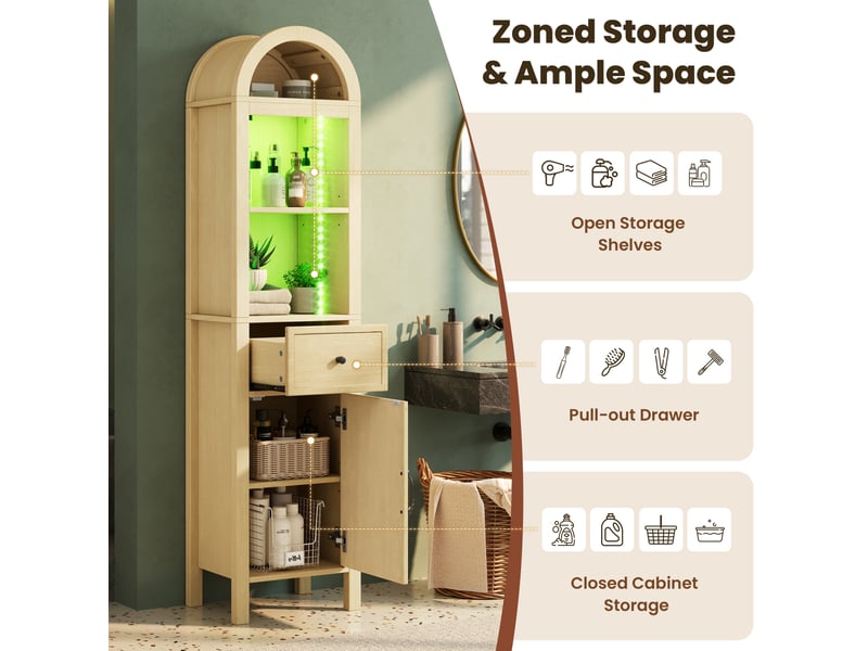 Colonne de salle de bain avec led 2 portes 1 tiroir mdf bois naturel 40x30x163 cm N888P472767D - Conforama D