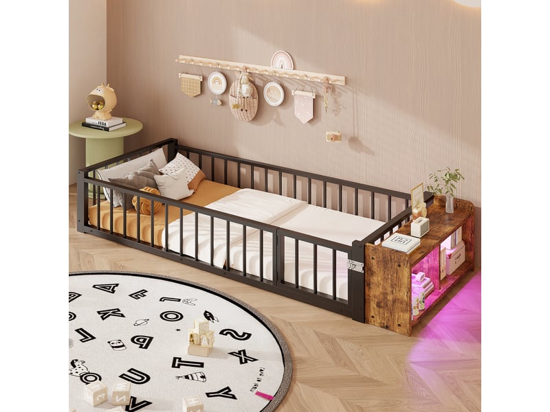  Lit enfant en métal - cadre métallique stable - dimensions 90x200 cm - couleur noir - garde-corps de sécurité 224x95x35.5cm - Conforama D