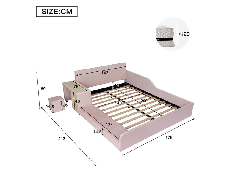  Lit enfant 140 x 200 cm bureau intégré tabouret inclus compartiment de rangement tête de lit rembourrée revêtement en velours coloris rose  - Conforama C