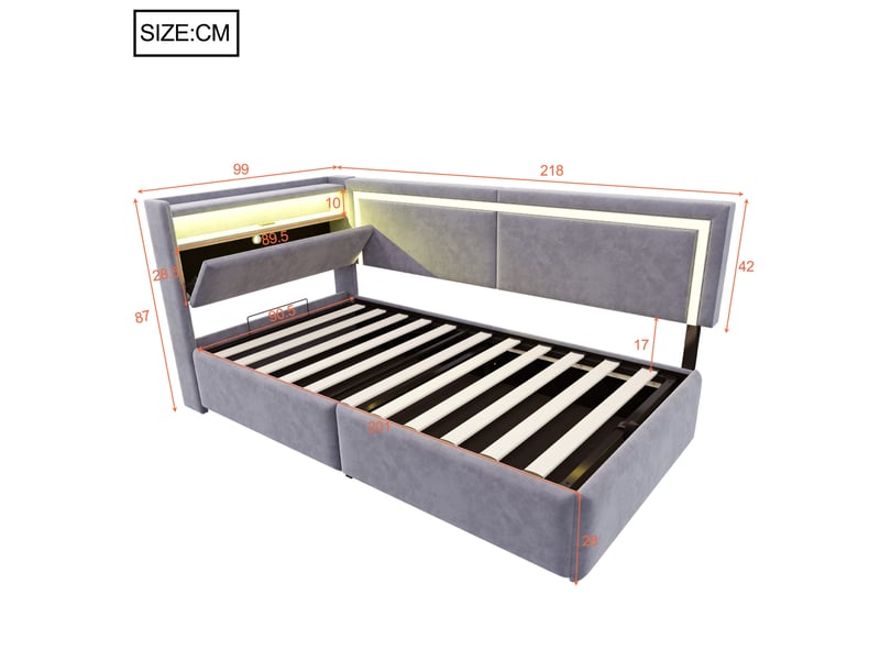 Lit coffre enfant simple 90x200 cm, led et ports usb, tête de lit avec rangement, velours, gris clair, sans matelas  - Conforama C