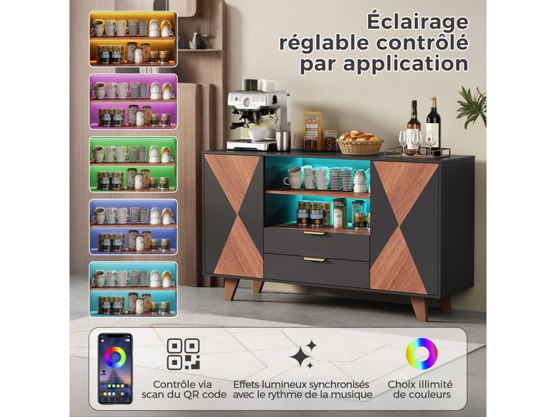 Buffet 4 portes 2 tiroirs en mdf avec éclairage led rgb, 150 x 40 x 90 cm, noir et bois naturel - Conforama E