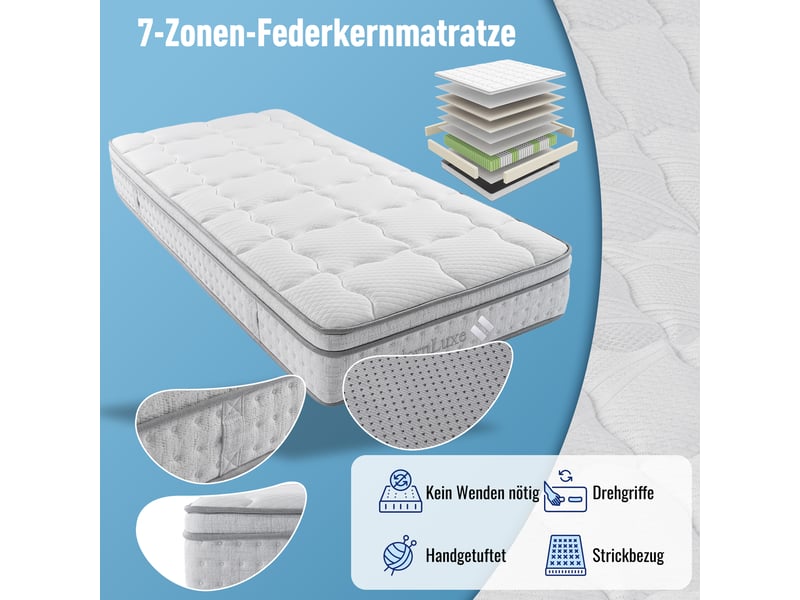 Matelas 90x200 cm - épaisseur 25 cm, soutien h3, 7 zones, 4 poignées latérales, ressorts ensachés et mousse à froid, certifié oeko-tex, blanc Luxe haut de gamme - Conforama D
