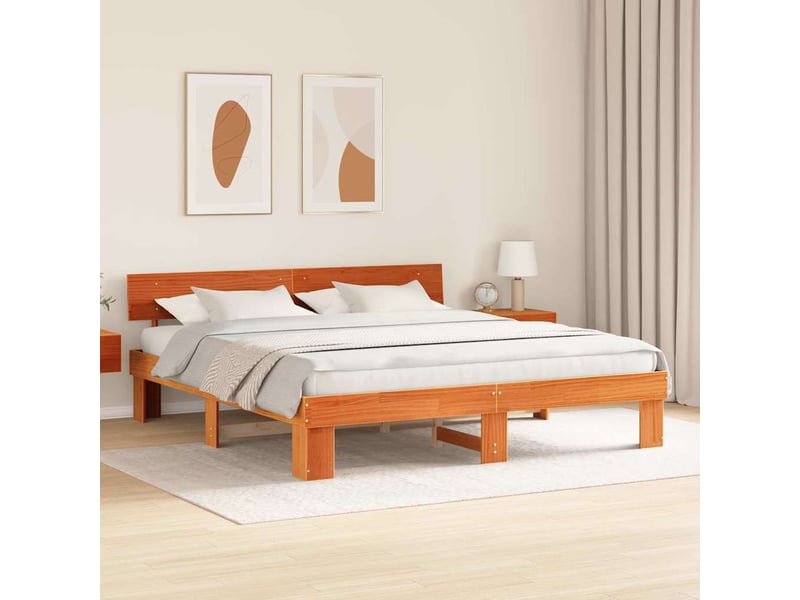  Lit double- lit adulte -  cadre de lit avec tête de lit brun  200 x 200 cm pin massif  - Conforama B