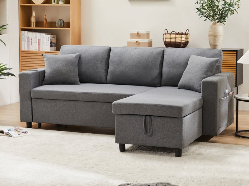  Canapé d'angle convertible,3 places, avec couchage et espace de rangement,lin,219,5×142,5×83 cm,gris  - Conforama B