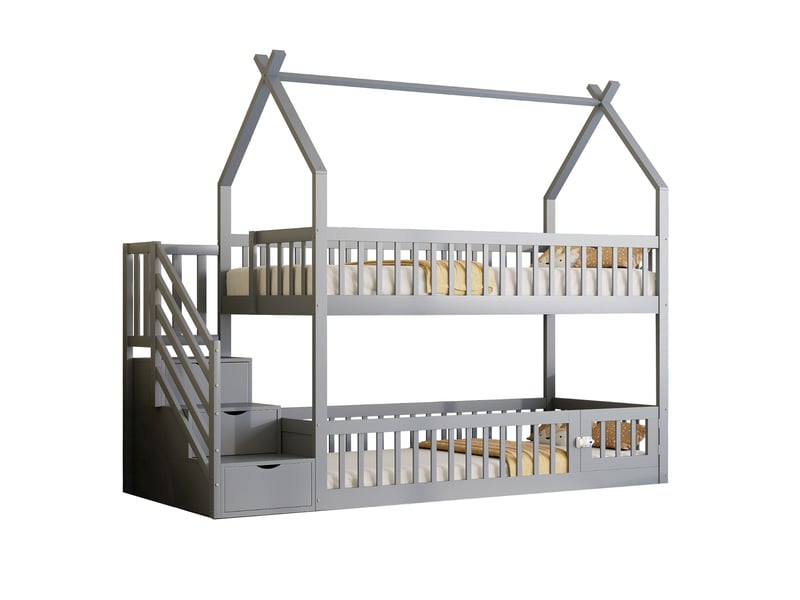  Lit superposé enfant 90x200 cm avec toit et escalier de rangement gris  - Conforama A