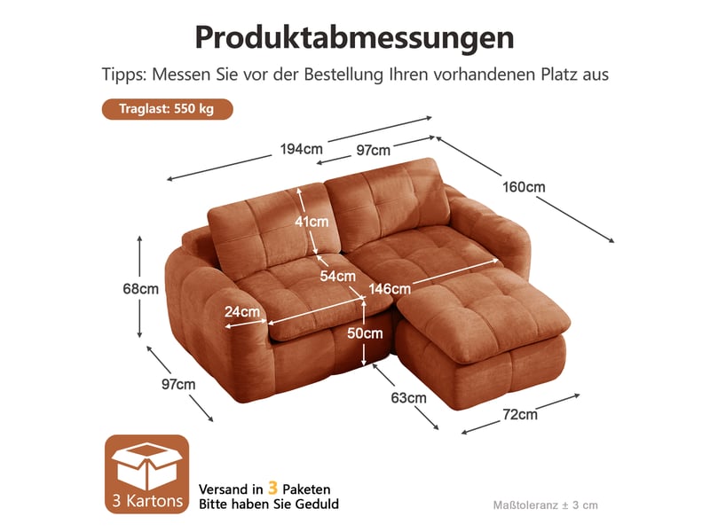  Canapé d'angle en l 2 places sans cadre, conception modulaire, base antidérapante, housse chenille orange, sans montage, 1 pouf  - Conforama C