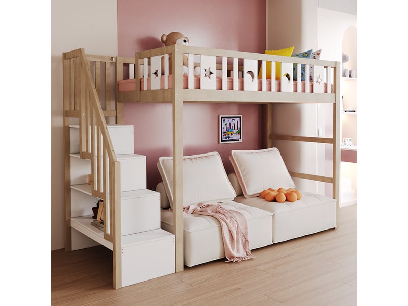  Lit mezzanine enfant 90x200 cm avec escalier de rangement, détails étoile et lune, structure bois massif, blanc et bois naturel  - Conforama C