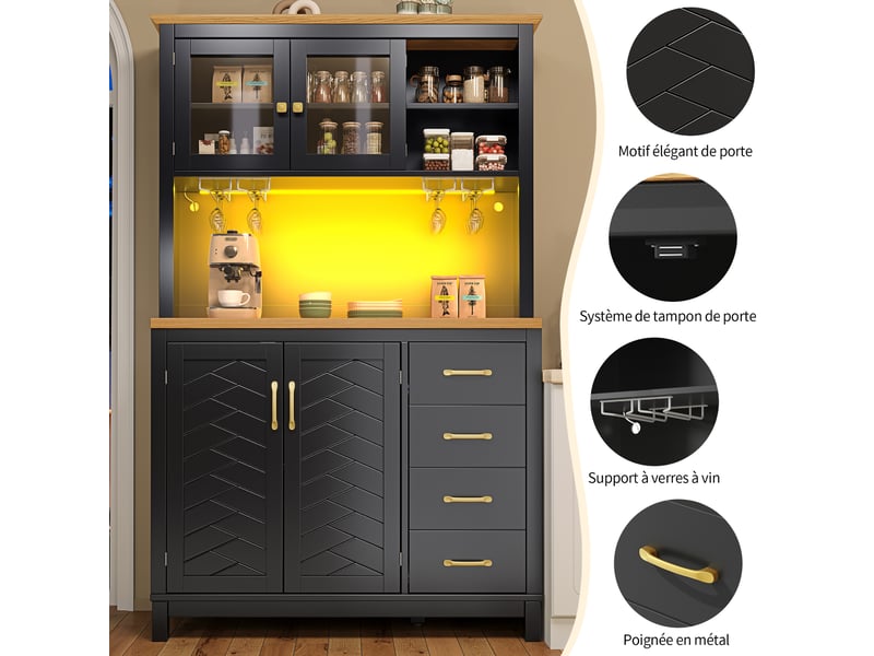  Meuble de cuisine muvano, buffet de cuisine 4 portes avec led, noir, 105,5 × 40 × 180 cm  - Conforama R