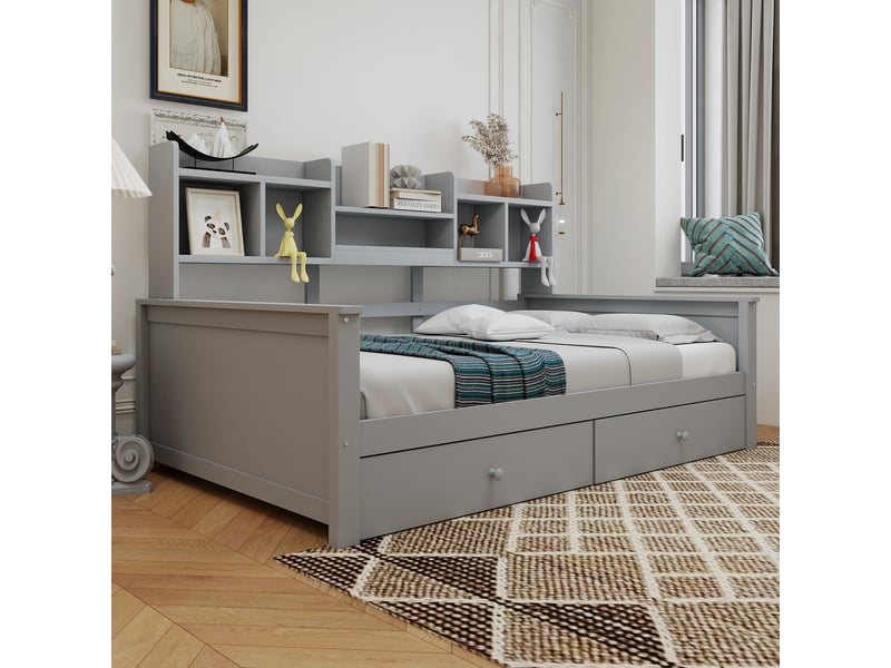  Lit banquette simple 90×200 cm, 2 tiroirs et étagères  - sans matelas, bois massif - gris  - Conforama C
