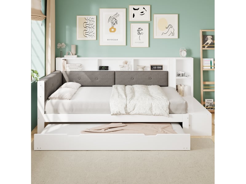 Lit fonctionnel 120x200 cm blanc et gris avec lit gigogne 90x190 cm, rangement et base de charge, sans matelas - Conforama E