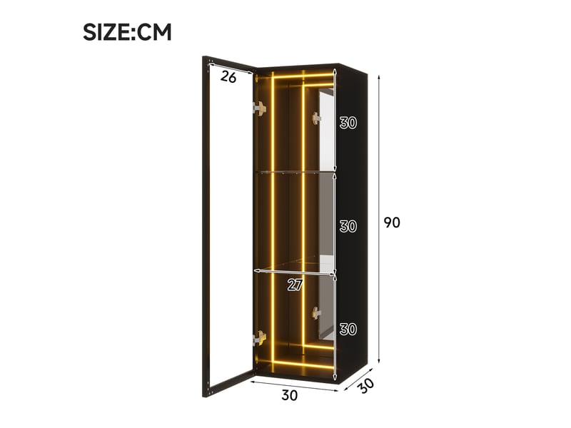  Vitrine en verre noir 30x30x90 cm avec éclairage led et fond miroir, 3 étagères  - Conforama C