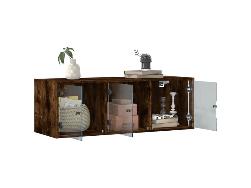  Armoire murale salon, meuble de rangement avec portes en verre chêne fumé 102x37x35 cm  - Conforama E