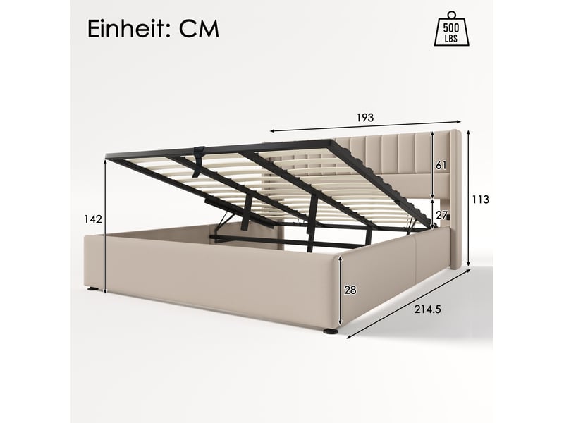 Lit coffre rembourré 180x200 cm avec rangement hydraulique, sommier à lattes en bois, structure métal, tissu lin beige Morn Vibe - Conforama B