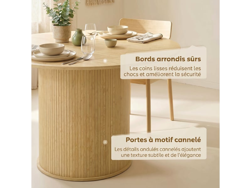  Table à manger ronde pour 4-6 personnes,  120 x 75 cm, bois naturel, table de cuisine avec base cylindrique cannelée  - Conforama R