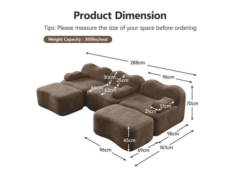  Canapé d'angle modulaire en u 3 places avec 2 poufs, mousse 32d ondulée, assise profonde, accoudoirs amovibles, marron  - Conforama C
