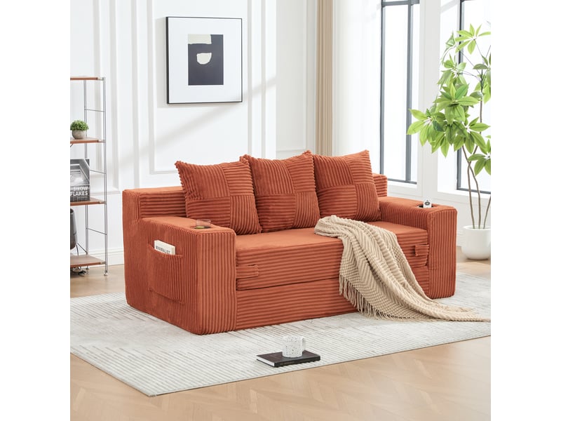  Canapé trois places avec porte-gobelets et poches latérales, design sans cadre, larges assises - orange  - Conforama E