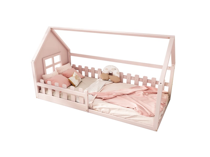  Lit cabane enfant 90x200 cm maison bois mdf rose sans matelas  - Conforama E