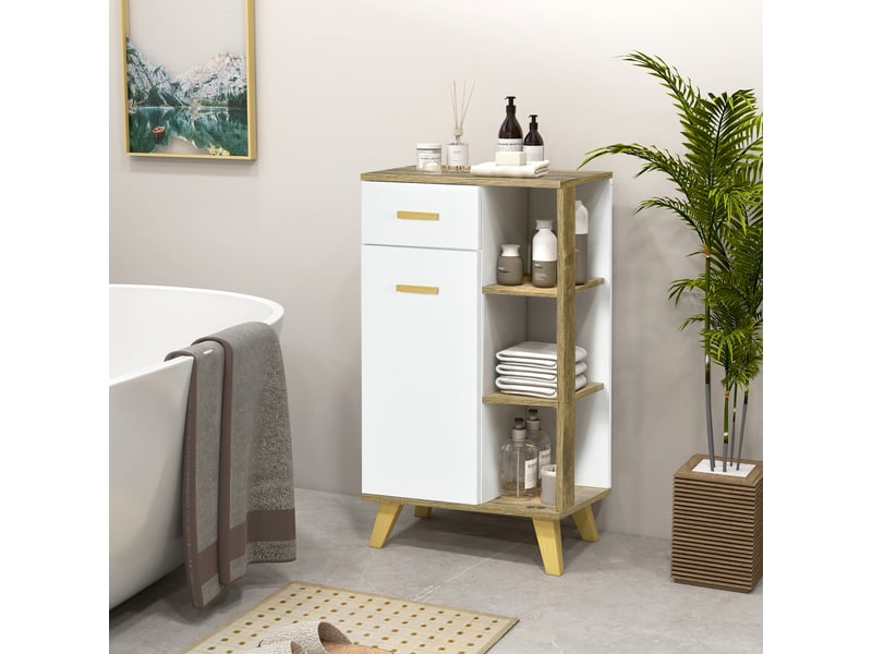  Meuble de salle de bain moderne avec placard, tiroir et étagères en bois, 50 x 30 x 89 cm, blanc  - Conforama C