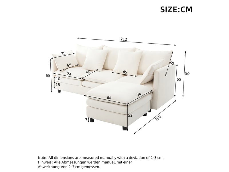  Canapé d’angle 3 places beige en chenille, 212 × 150 × 90 cm, avec méridienne réversible, pour salon  - Conforama B