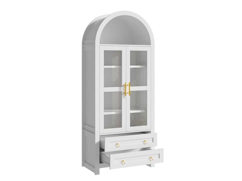  Vitrine rétro à 2 portes vitrées et 2 tiroirs, 76 x 40 x 180 cm, avec éclairage led et design arrondi, coloris blanc  - Conforama A